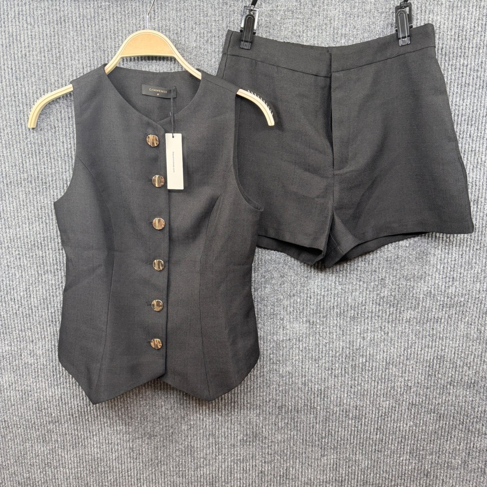 Commense Vest and Shorts Set Women Size M Black Button Front Sleeveless Suit